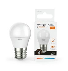 Лампа светодиодная Gauss E27 8W 3000K шар матовый 53218