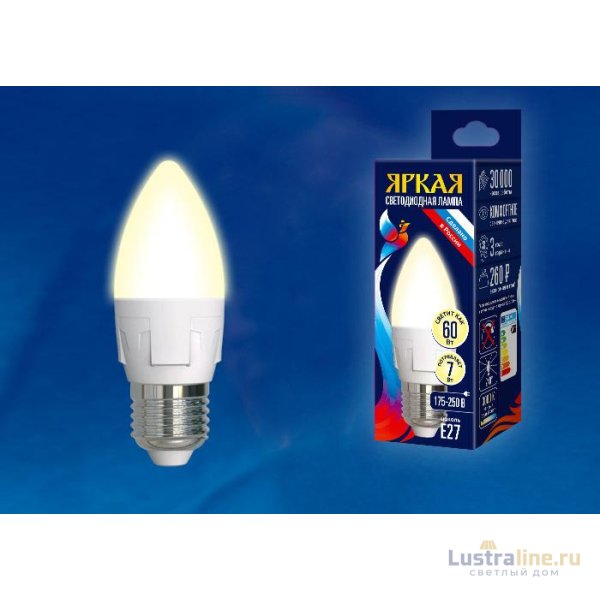 Лампа светодиодная (UL-00002413) Uniel E14 7W 3000K матовая LED-C37 7W/WW/E14/FR PLP01WH Лампа светодиодная (UL-00002413) Uniel E14 7W 3000K матовая LED-C37 7W/WW/E14/FR PLP01WH