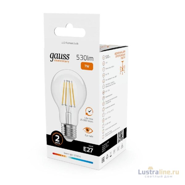 Лампа светодиодная Gauss Filament Elementary E27 7W 2700K 22217 Лампа светодиодная Gauss Filament Elementary E27 7W 2700K 22217
