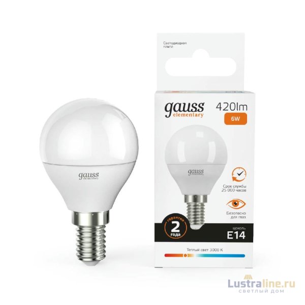 Лампа светодиодная Gauss E14 6W 3000K шар матовый 53116
