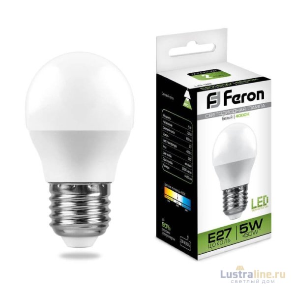 Лампа светодиодная Feron E27 5W 4000K Шар Матовая LB-38 25405 УЦ Лампа светодиодная Feron E27 5W 4000K Шар Матовая LB-38 25405 УЦ