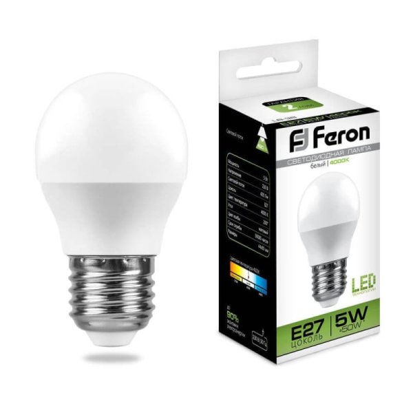 Лампа светодиодная Feron E27 5W 4000K Шар Матовая LB-38 25405 УЦ