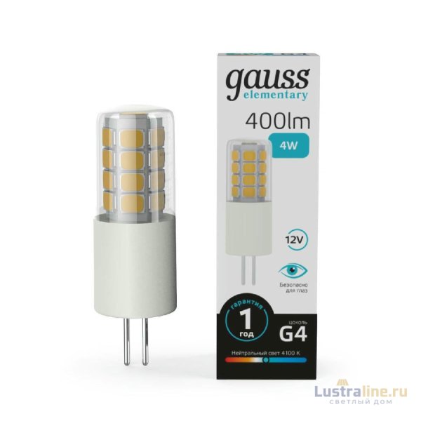 Лампа светодиодная Gauss G4 4W 4100К прозрачная 10724 Лампа светодиодная Gauss G4 4W 4100К прозрачная 10724