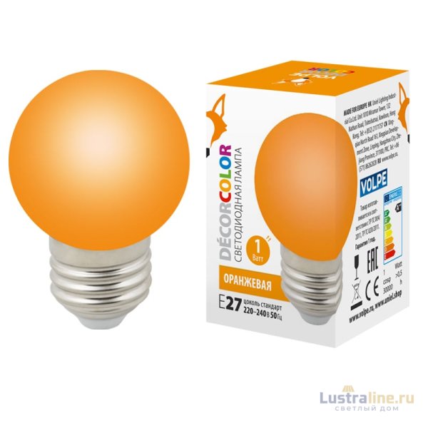 Лампа декоративная светодиодная (UL-00005650) Volpe E27 1W оранжевая LED-G45-1W/ORANGE/E27/FR/С