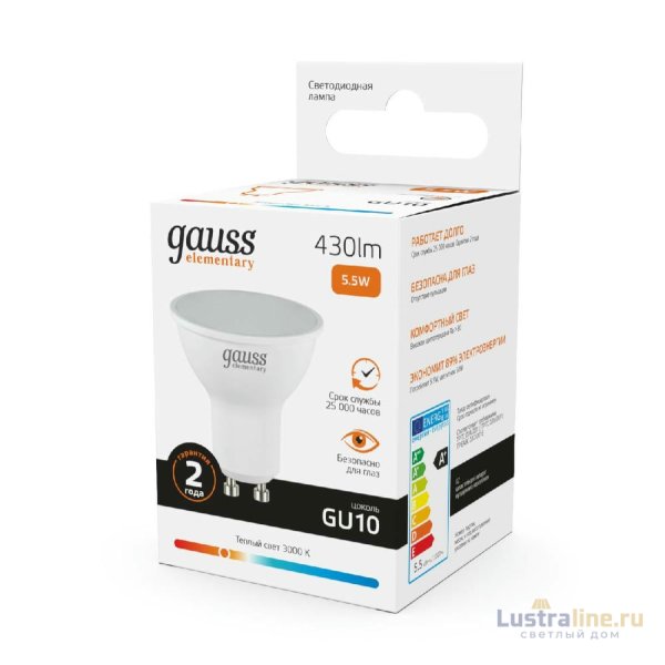 Лампа cветодиодная Gauss GU10 5.5W 3000K матовая 13616 Лампа cветодиодная Gauss GU10 5.5W 3000K матовая 13616