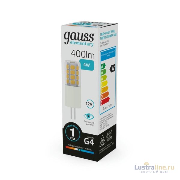 Лампа светодиодная Gauss G4 4W 4100К прозрачная 10724 Лампа светодиодная Gauss G4 4W 4100К прозрачная 10724