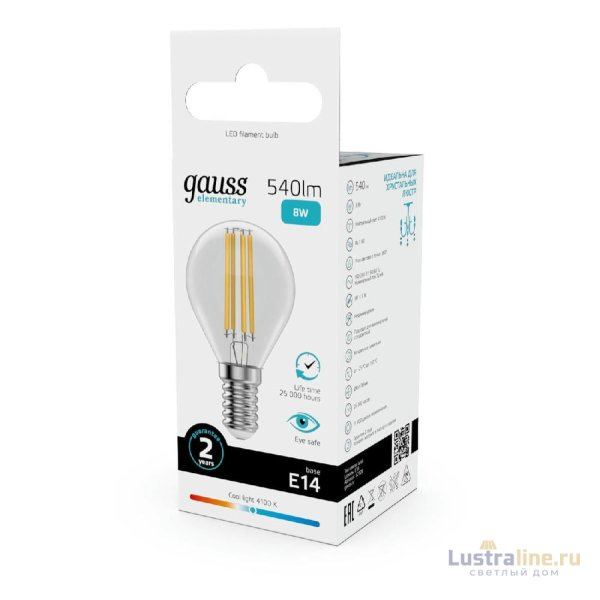 Лампа светодиодная Gauss Filament Elementary E14 8W 4100K 52128 Лампа светодиодная Gauss Filament Elementary E14 8W 4100K 52128