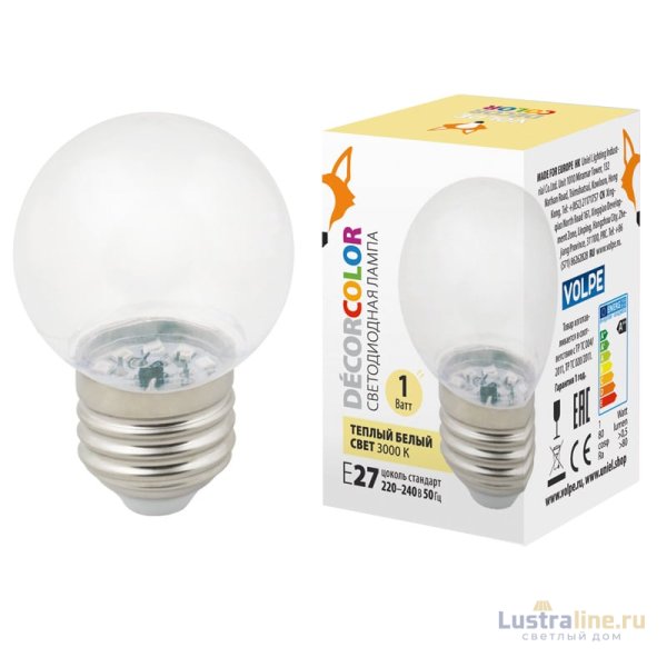Лампа декоративная светодиодная (UL-00005807) Volpe E27 1W 3000K прозрачная LED-G45-1W/3000K/E27/CL/С