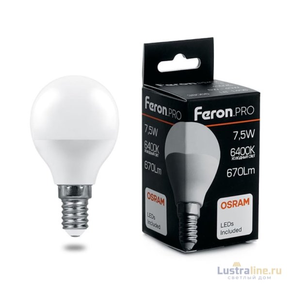 Лампа светодиодная Feron.PRO LB-1407 шар E14 7.5W 6400K 38073 Лампа светодиодная Feron.PRO LB-1407 шар E14 7.5W 6400K 38073