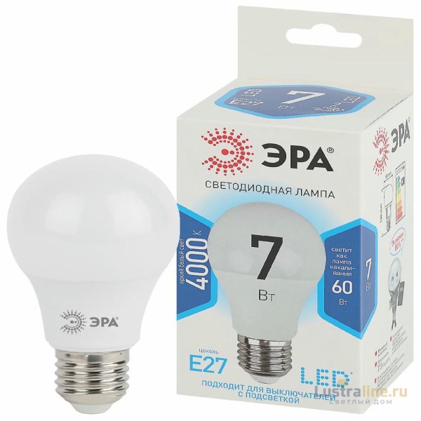 Лампа светодиодная Эра E27 7W 4000K LED A60-7W-840-E27 Б0029820 Лампа светодиодная Эра E27 7W 4000K LED A60-7W-840-E27 Б0029820