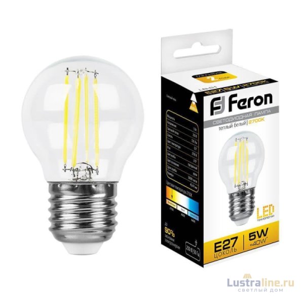 Лампа светодиодная филаментная Feron E27 5W 2700K Шар Прозрачная LB-61 25581 Лампа светодиодная филаментная Feron E27 5W 2700K Шар Прозрачная LB-61 25581