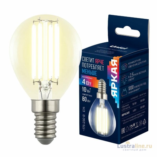 Лампа светодиодная филаментная Uniel LED-G45-4W/3000K/E14/CL GLY01TR UL-00011938