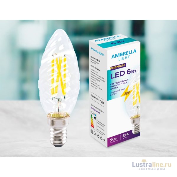 Светодиодная лампа Ambrella Light Filament C35 E14 6W 6400K 202126 Светодиодная лампа Ambrella Light Filament C35 E14 6W 6400K 202126
