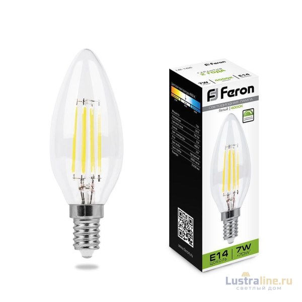 Лампа светодиодная филаментная диммируемая Feron Е14 7W 4000K Свеча Прозрачная LB-166 25871 Лампа светодиодная филаментная диммируемая Feron Е14 7W 4000K Свеча Прозрачная LB-166 25871