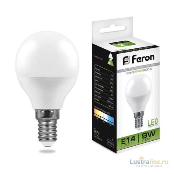 Лампа светодиодная Feron E14 9W 4000K Шар Матовая LB-550 25802 Лампа светодиодная Feron E14 9W 4000K Шар Матовая LB-550 25802