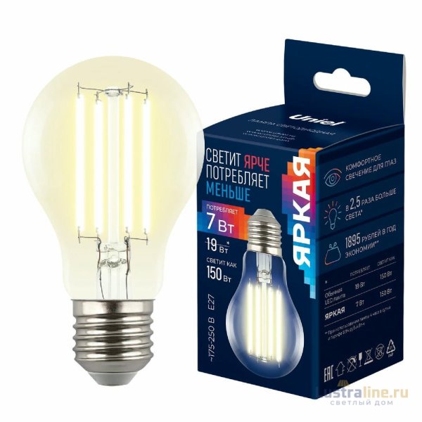 Лампа светодиодная филаментная Uniel LED-A60-7W/3000K/E27/CL GLY01TR UL-00011934