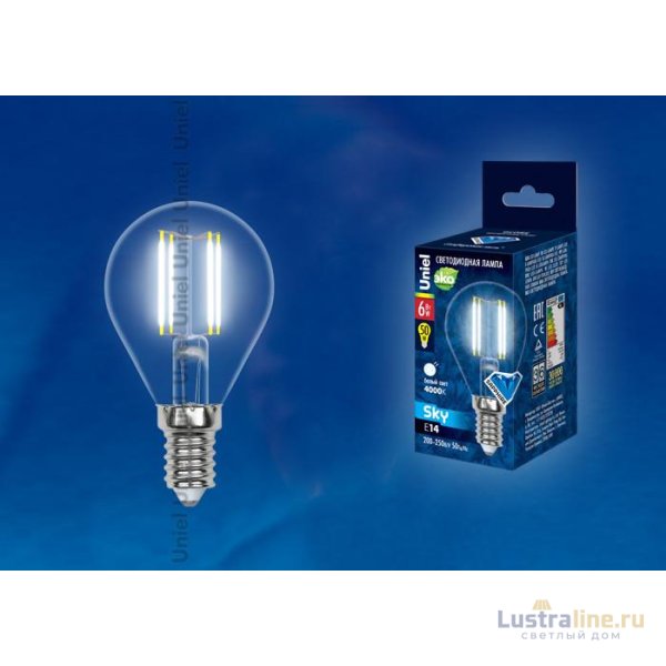 Лампа светодиодная филаментная (UL-00001370) Uniel E27 6W 4000K прозрачная LED-G45-6W/NW/E27/CL PLS02WH