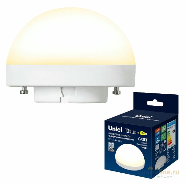 Лампа светодиодная Uniel LED-GX53-10W/3000K/GX53/FR/SPHERE PLZ02WH UL-00011787 Лампа светодиодная Uniel LED-GX53-10W/3000K/GX53/FR/SPHERE PLZ02WH UL-00011787