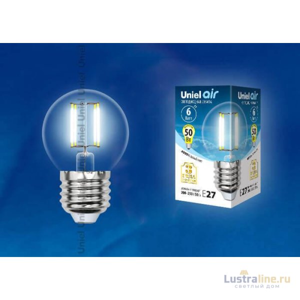 Лампа светодиодная филаментная (UL-00002208) Uniel E27 6W 4000K прозрачная LED-G45-6W/NW/E27/CL GLA01TR