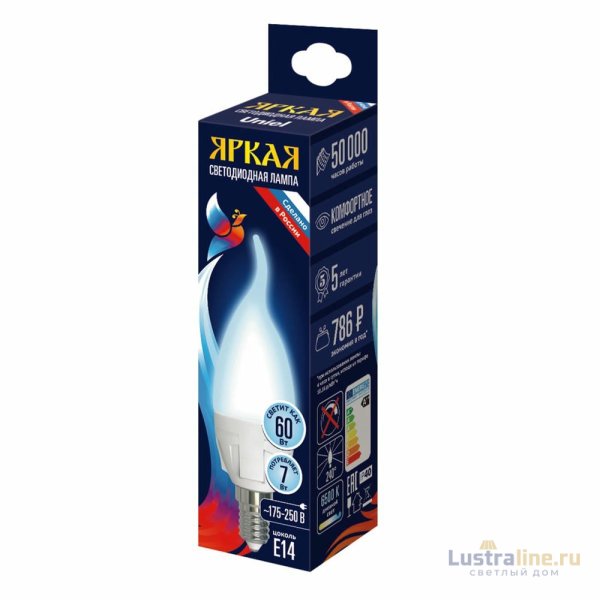 Лампа светодиодная Uniel LED-CW37 7W/6500K/E14/FR PLP01WH UL-00011016