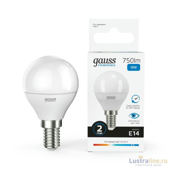 Лампа светодиодная Gauss E14 10W 6500K шар матовый 53130 Лампа светодиодная Gauss E14 10W 6500K шар матовый 53130