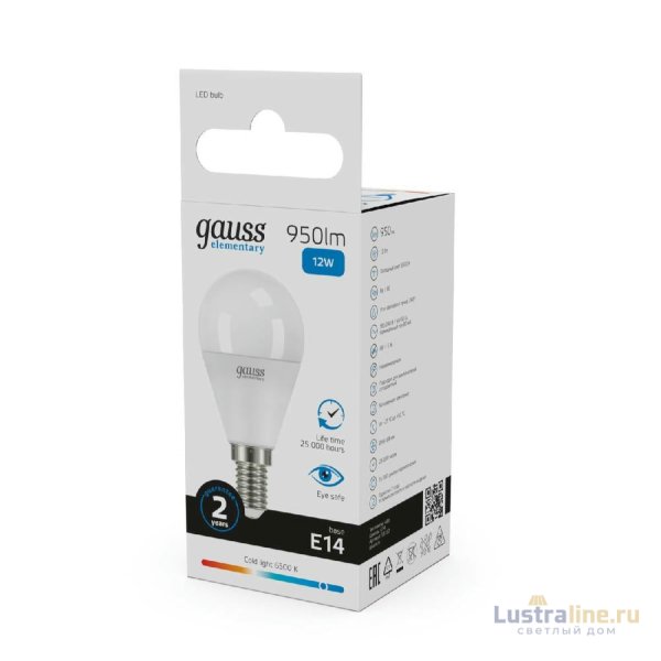 Лампа светодиодная Gauss E14 12W 6500K шар матовый 53132 Лампа светодиодная Gauss E14 12W 6500K шар матовый 53132