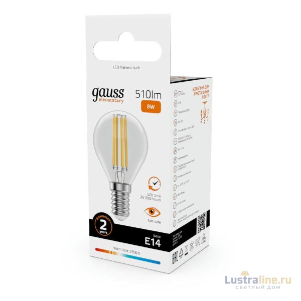 Лампа светодиодная Gauss Filament Elementary E14 8W 2700K 52118 Лампа светодиодная Gauss Filament Elementary E14 8W 2700K 52118