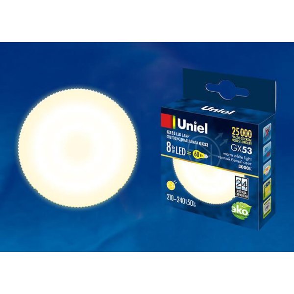 Лампа светодиодная (UL-00001672) Uniel GX53 8W 3000K матовая LED-GX53-8W/WW/GX53/FR PLZ01WH УЦ
