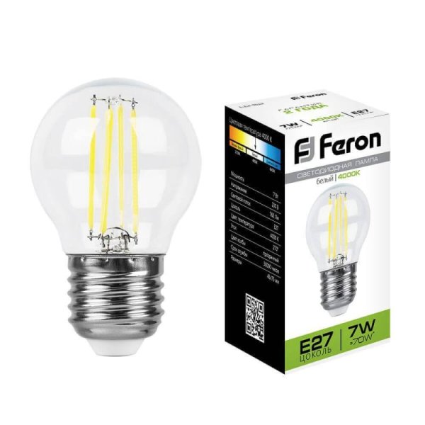 Лампа светодиодная филаментная Feron E27 7W 4000K Шар Прозрачная LB-52 25877 УЦ