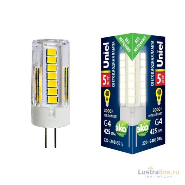 Лампа светодиодная (UL-00006744) Uniel G4 5W 3000K прозрачная LED-JC-220/5W/3000K/G4/CL GLZ09TR