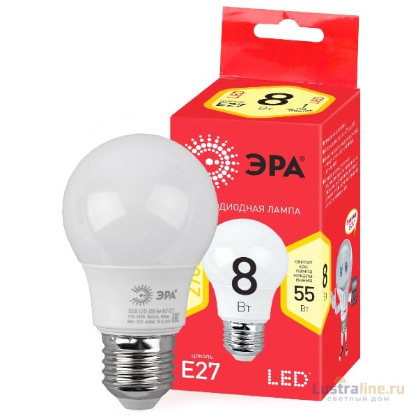Лампа светодиодная Эра E27 8W 2700K ECO LED A55-8W-827-E27 Б0032095 Лампа светодиодная Эра E27 8W 2700K ECO LED A55-8W-827-E27 Б0032095