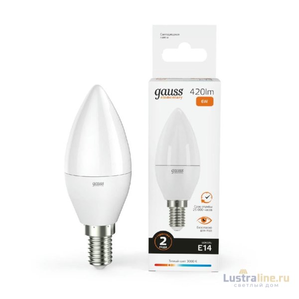 Лампа cветодиодная Gauss E14 6W 3000K свеча матовая 33116