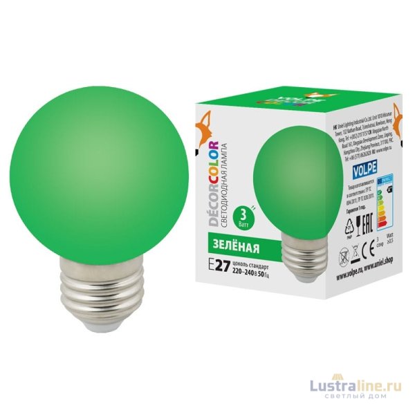 Лампа светодиодная Volpe E27 3W зеленая LED-G60-3W/Green/E27/FR/С UL-00006958