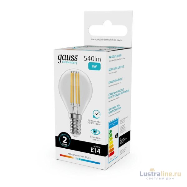 Лампа светодиодная Gauss Filament Elementary E14 8W 4100K 52128 Лампа светодиодная Gauss Filament Elementary E14 8W 4100K 52128