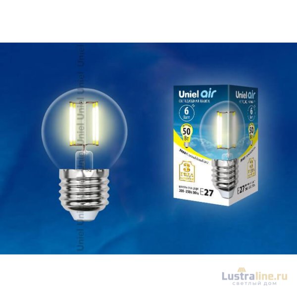 Лампа светодиодная филаментная (UL-00002201) Uniel E14 6W 3000K прозрачная LED-G45-6W/WW/E14/CL GLA01TR
