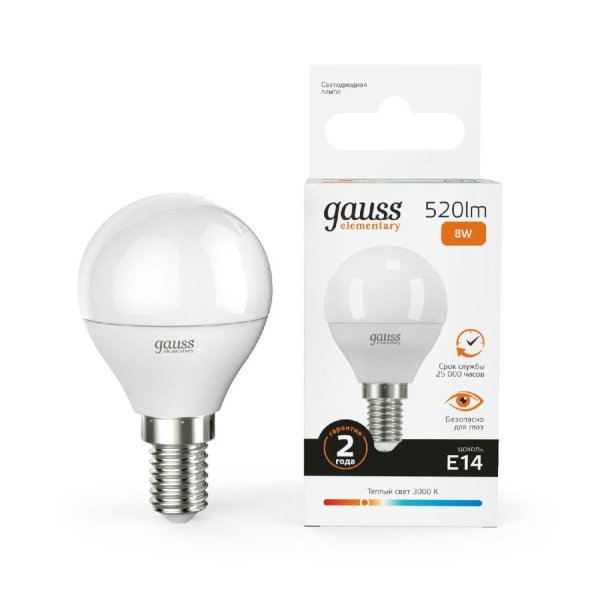 Лампа светодиодная Gauss E14 8W 3000K шар матовый 53118