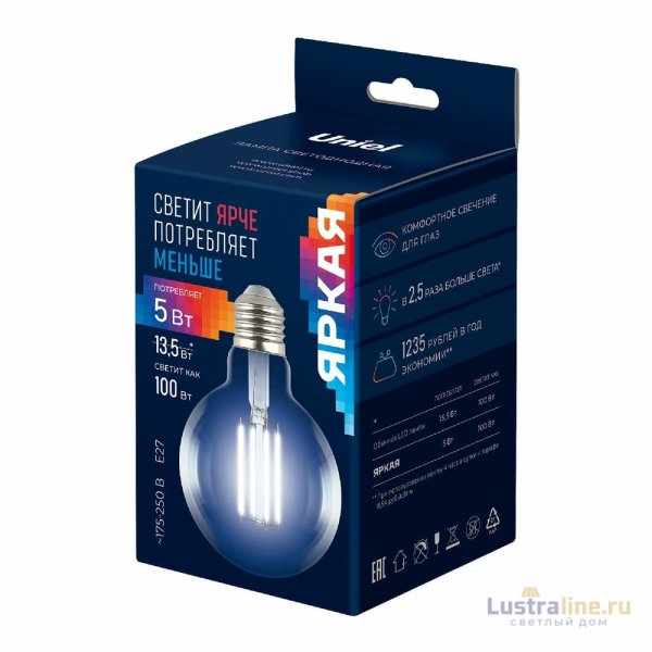 Лампа светодиодная филаментная Uniel LED-G95-5W/4000K/E27/CL GLY01TR UL-00011943 Лампа светодиодная филаментная Uniel LED-G95-5W/4000K/E27/CL GLY01TR UL-00011943