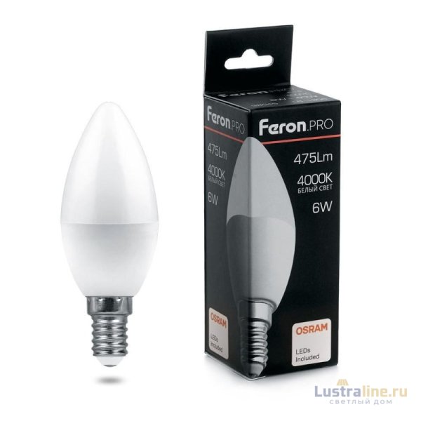 Лампа светодиодная Feron E14 6W 4000K свеча матовая LB-1306 38045