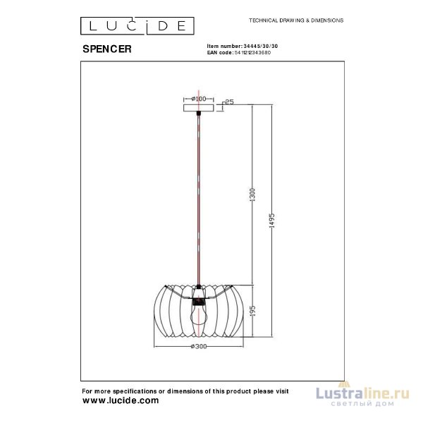 Подвесной светильник Lucide Spencer 34445/30/30 Подвесной светильник Lucide Spencer 34445/30/30