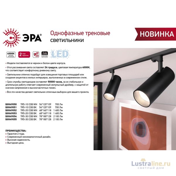 Трековый однофазный светильник ЭРА TR5-30 COB BK Б0049055 Трековый однофазный светильник ЭРА TR5-30 COB BK Б0049055
