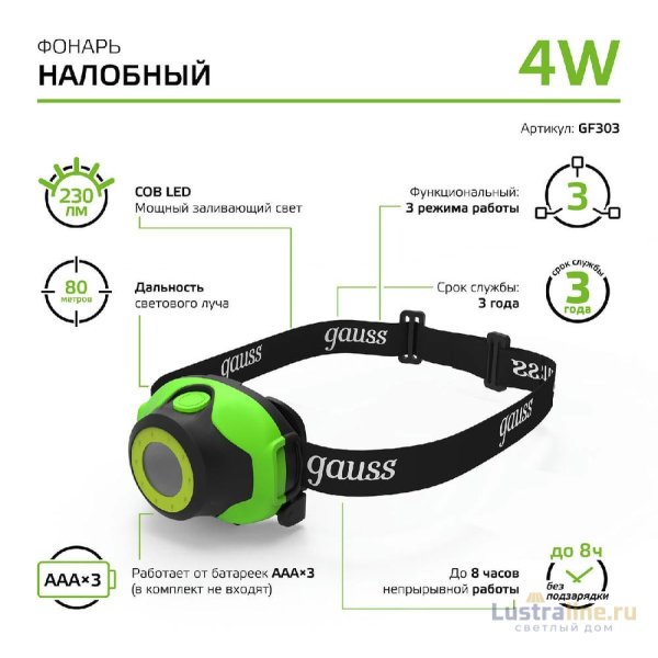 Налобный светодиодный фонарь Gauss от батареек 65х54 230 лм GF303 Налобный светодиодный фонарь Gauss от батареек 65х54 230 лм GF303