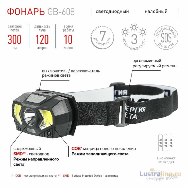Фонарь налобный на батарейках Эра GB-608 Б0052319 Фонарь налобный на батарейках Эра GB-608 Б0052319